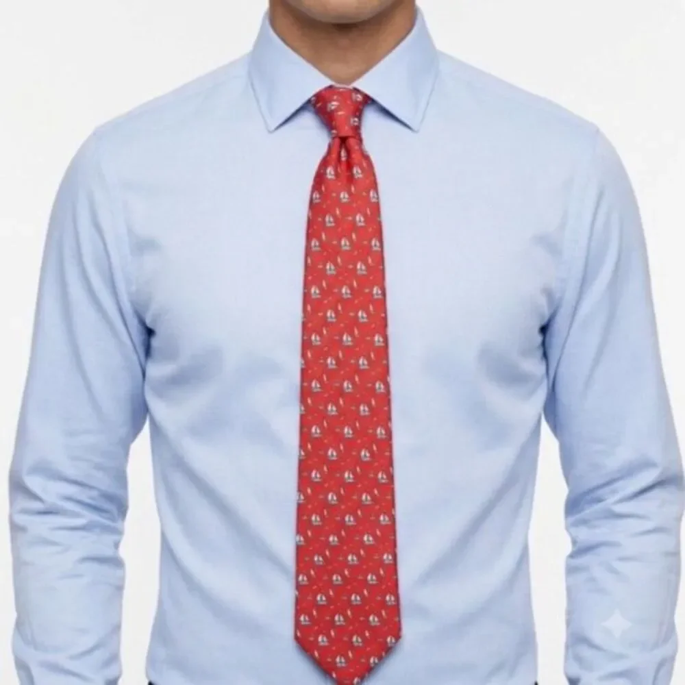 Jos. A. Bank Men's Bright Red Blue Nautical Sailboat Print 100% Silk Tie